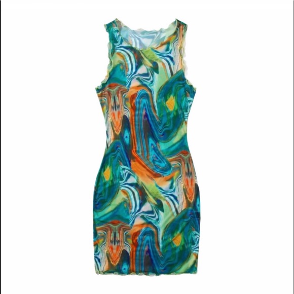 New Woman’s Bohemian Lettuce Trim Marble Acrylic Pour Print Bodycon Dress - Picture 1 of 14